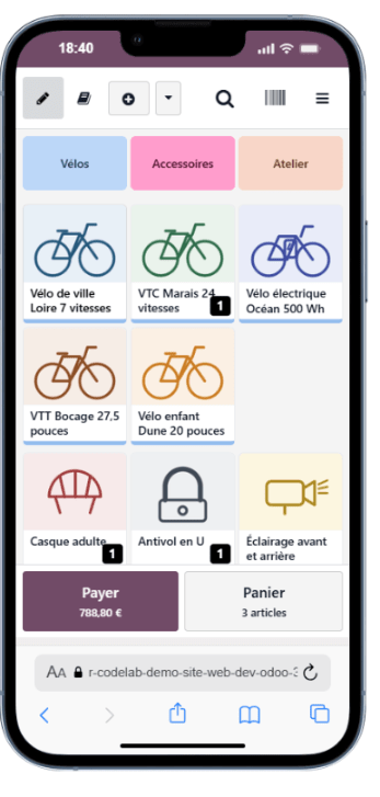 Caisse Odoo affichée sur un téléphone : rayons, articles illustrés et bouton Payer 788,80 euros